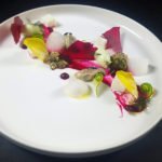 Cold poached oyster, clams tartare with aloe vera, beetroot coulis ans salty lemongrass marshmallow.